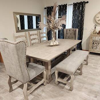 Wimberly 85" Dining Table + 3 Side Chairs + 2 Upholstered Chairs + Bench Beautiful Dining Set