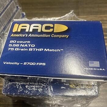 AAC 5.56 NATO 75 Grain BTHP Match w/ Cannelure 20rd Box Packaged securely and shipped within