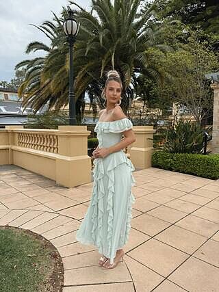 Scarlet Off-Shoulder Ruffle Trim Maxi Dress Sage