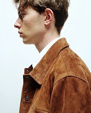 Suede Trucker Jacket in Camel