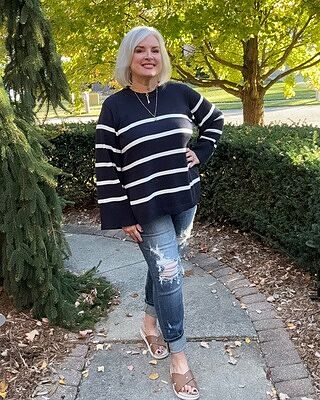Bardot Wide Sleeve Cotton Sweater - Navy/White