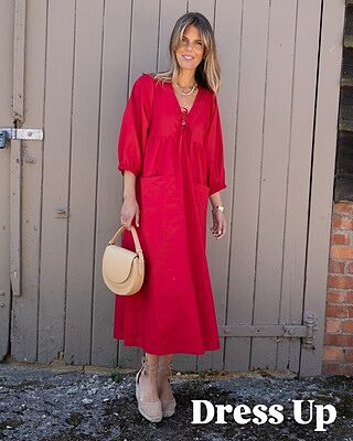 Red Tie V Neck Cotton Dress