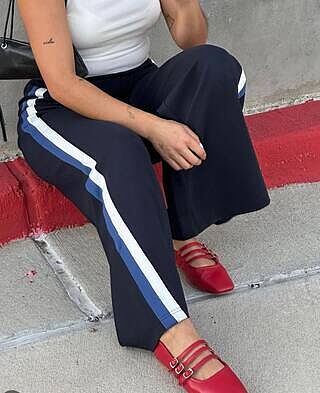 Stephanie Wide Leg Stripe Ponte Pants 30 Inch - Navy with Blue/White Stripe