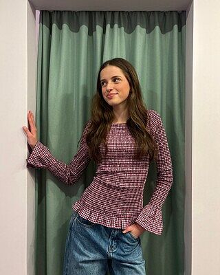 SKY SHIRRED LONG SLEEVE PINK PETROL GINGHAM