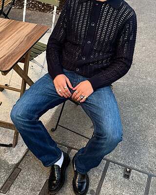 Crochet Knit Polo in Navy