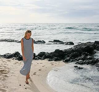 Lana Dress in Repreve® Striped Stretch (Navy/White Stripe)