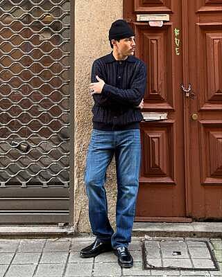 Crochet Knit Polo in Navy