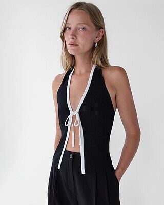 KNIT HALTER TOP WITH CONTRAST BOW