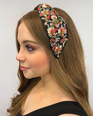 Floriated and Embroidered Wide Headband (Black Blossoms)