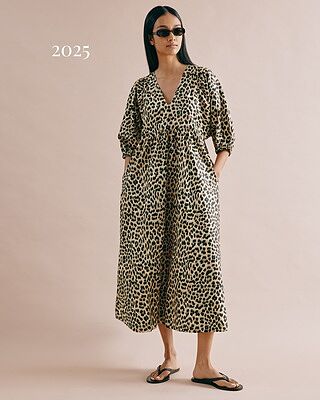 Animal V Neck Cotton Midi Dress