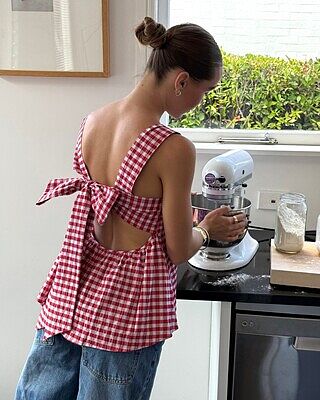 MARGIE TIE-BACK TOP RED LILAC TARTAN