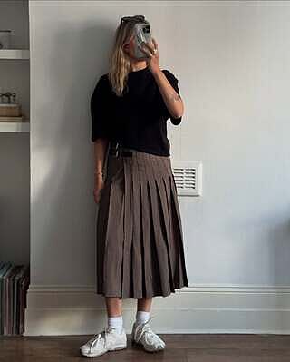 Houndstooth Pleat Midi Skirt