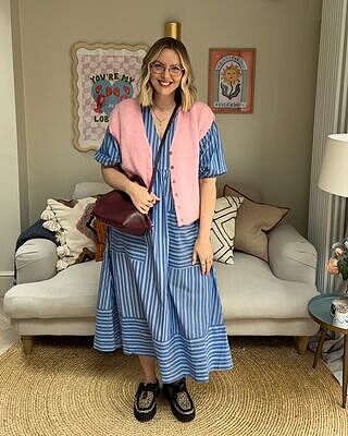 Blue Stripe V Neck Midi Dress