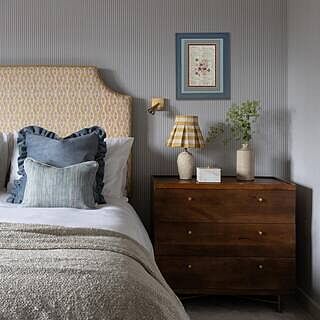 Halle Mid-Century Modern Style, Three-Drawer Chest of Drawers in Light Brown Mango Wood & Brass.