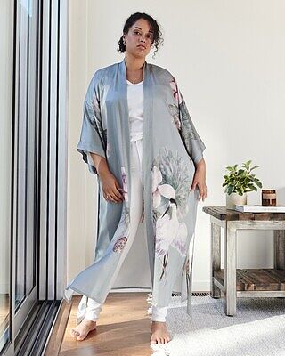 Washable Silk Lotus Long Kimono Robe (Plus Size)
