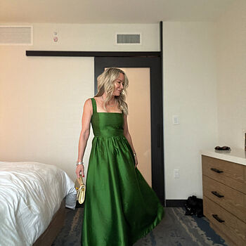 green emerald velvet dress Tan Grecian Maxi Long Formal Prom Evening Dress with Slit EN5602 Size 14 / Tan