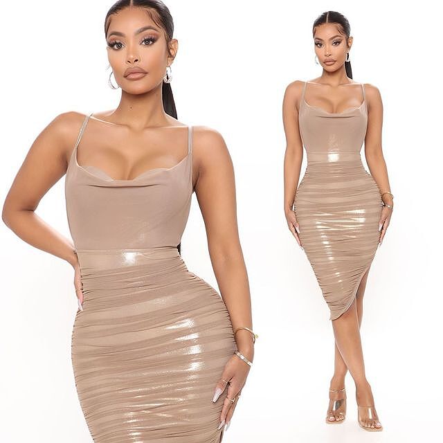 Hollywood Heartthrob Mesh Midi Dress - Mocha | Fashion Nova