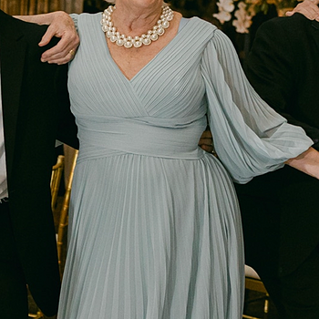 Chiffon Puff Sleeve Pleated V-Neck Gown | Teri Jon – Terijon.com