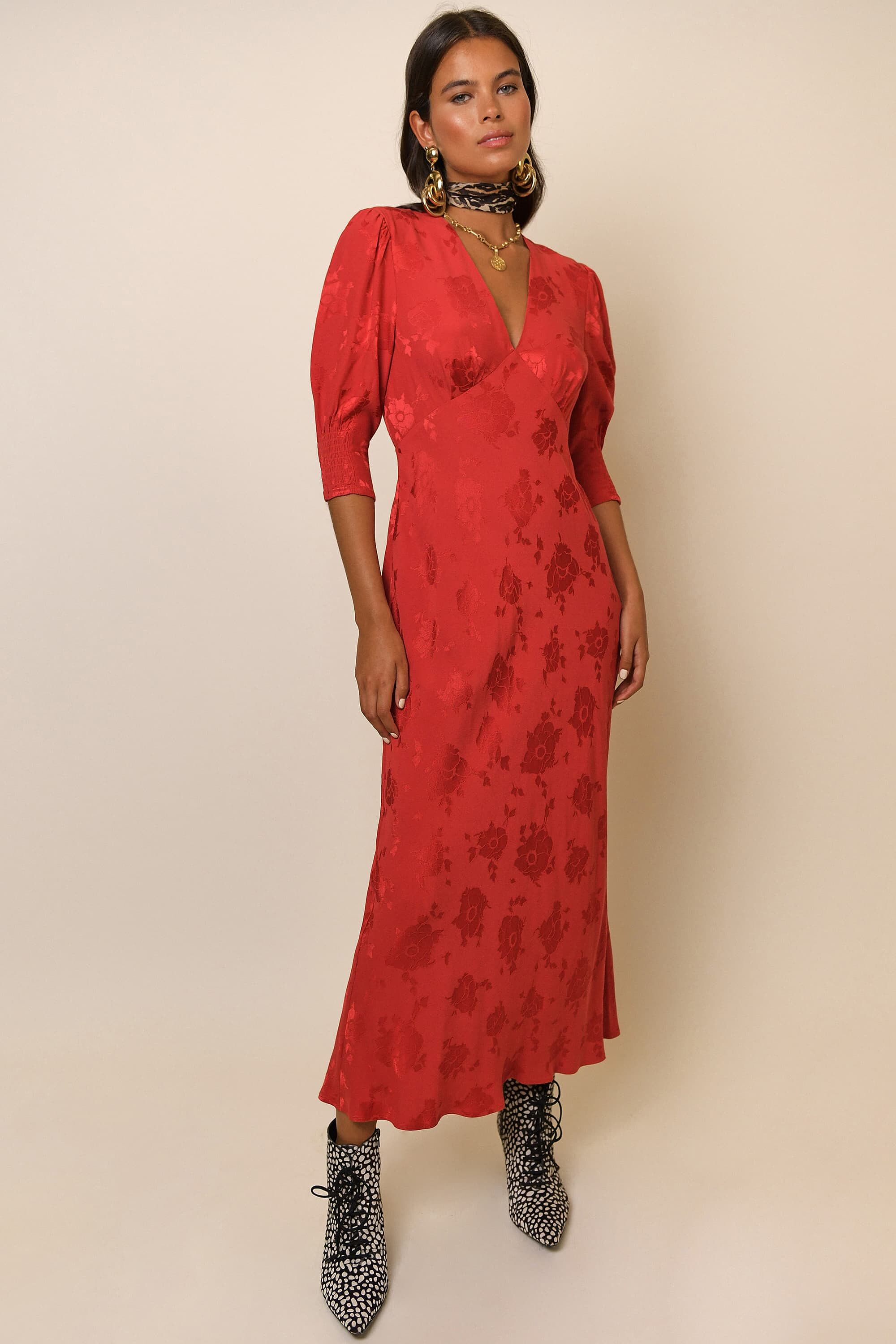 Zadie Jacquard Midi Dress in Red Poppy Jacquard