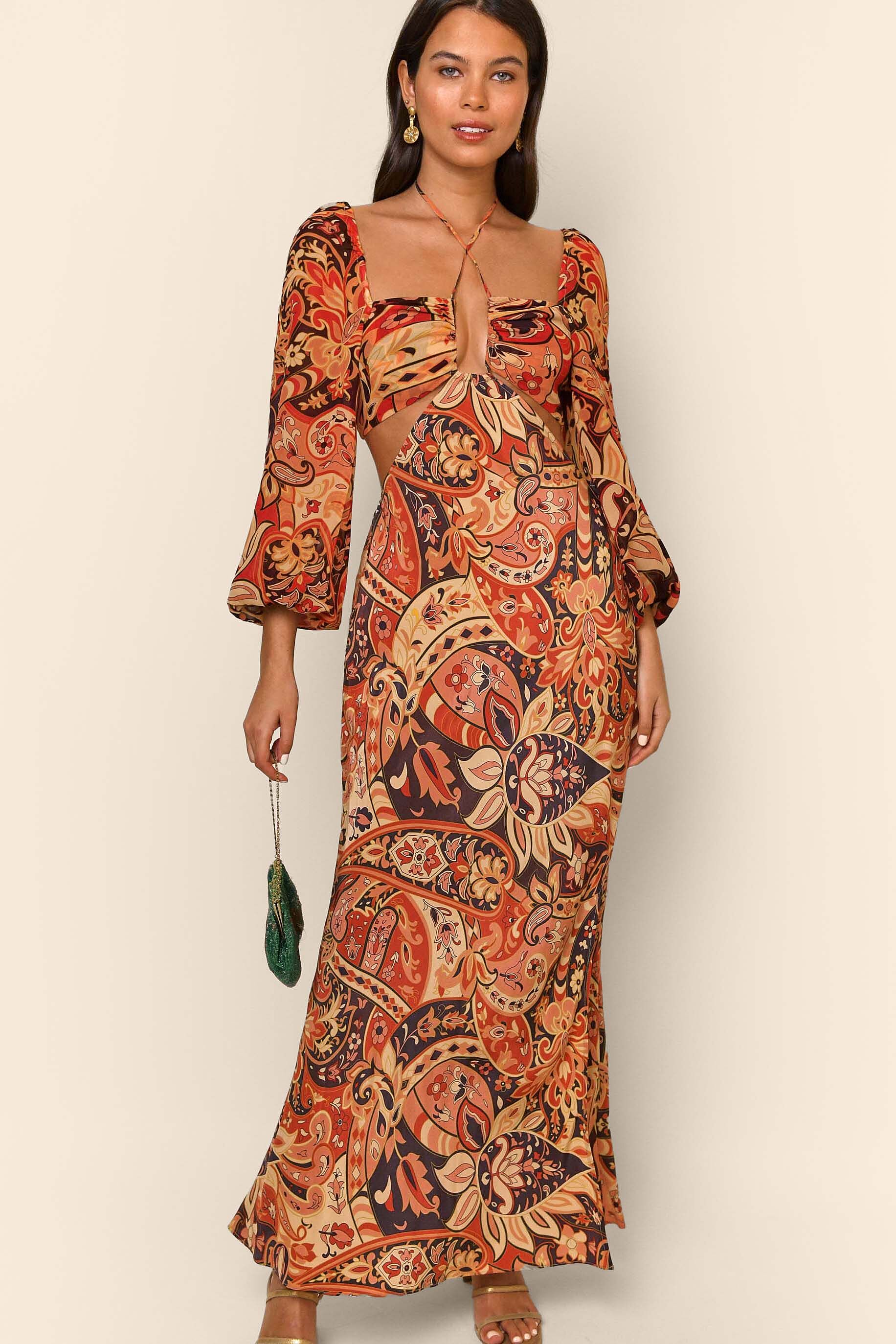Kamilla Cutout Midi Dress in Brown Grace Paisley Canyon | RIXO USA ⋆