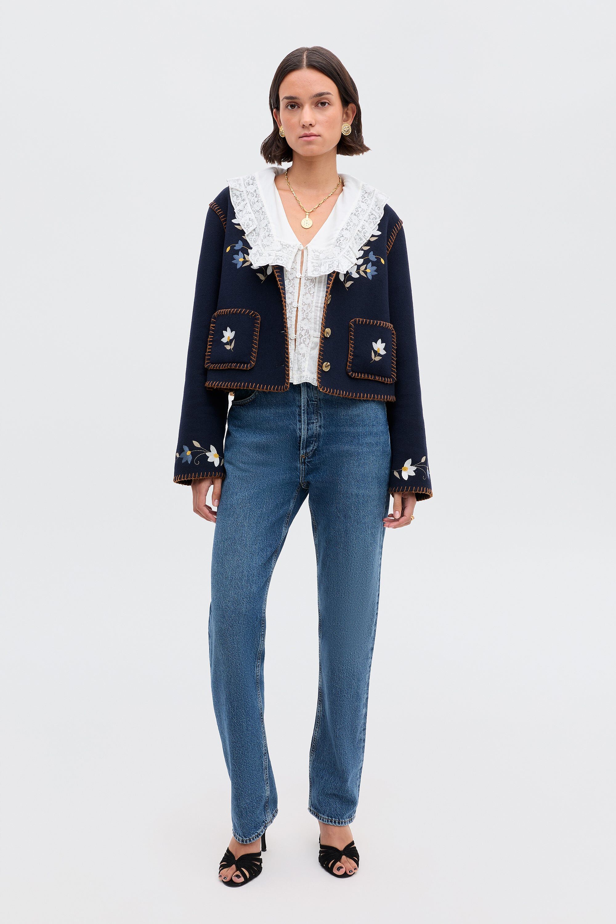 RENCOOTIEネイビー 鷲刺繍ジャケット GLORY BOUND Sunday Embroidered Jacket in Petal Embroidery Navy