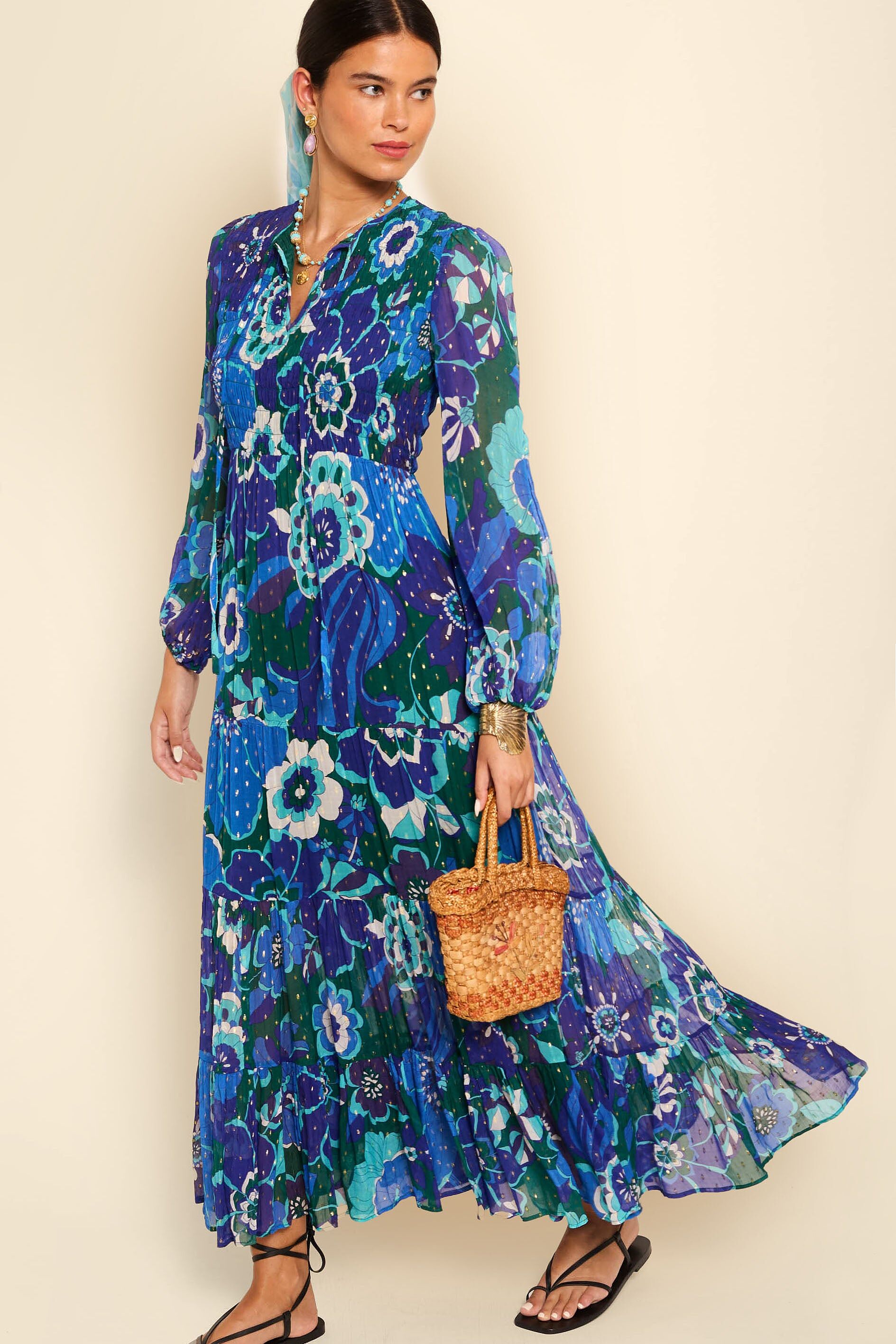 Lori Metallic Midi Dress in Blue Miami Floral Emerald