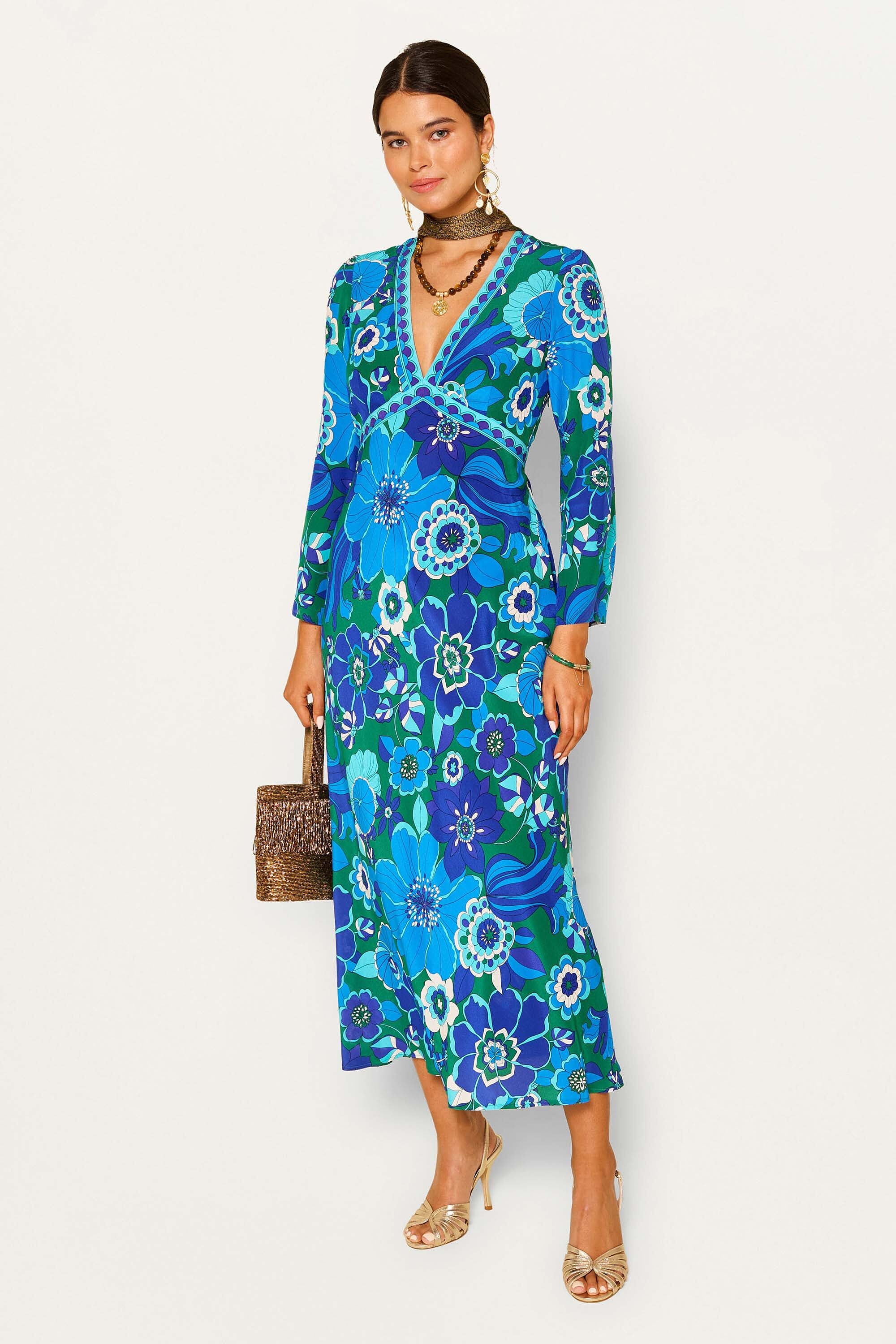 Tania Silk Midi Dress in Blue Miami Floral Emerald