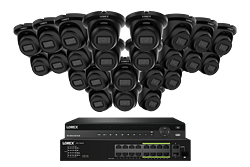 Lorex Elite 4K 32-channel NVR system with 2K turret cameras, ideal for scalable AI security in warehouses and manufacturing plants.