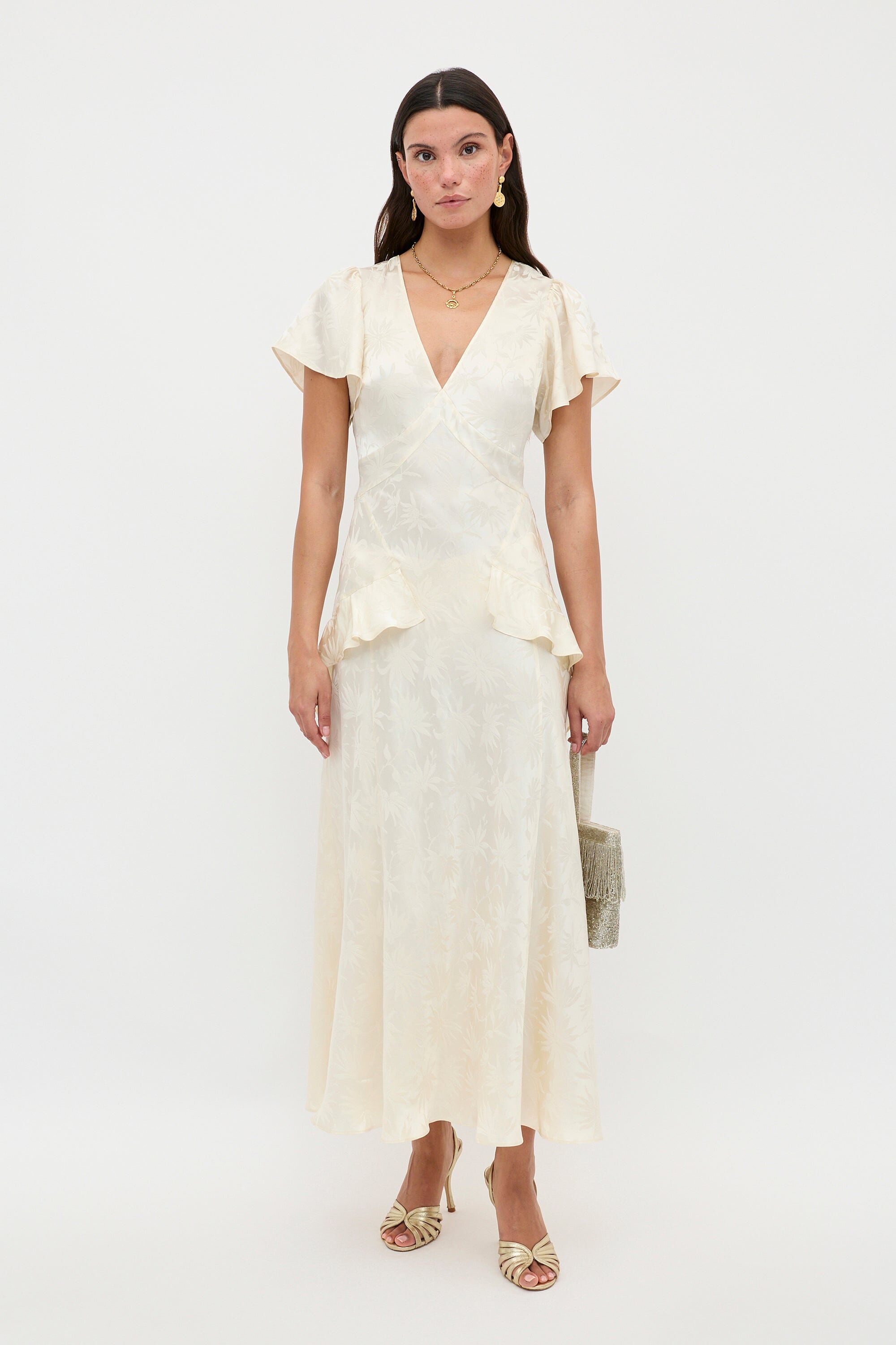 Evie Silk Midi Dress in Cream Daisy Jacquard Champagne | RIXO USA ⋆