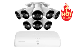 Lorex 4K NVR system with 8 wired and 8 Fusion Wi-Fi smart deterrence bullet cameras, ideal for AI security in warehouses and manufacturing plants.
