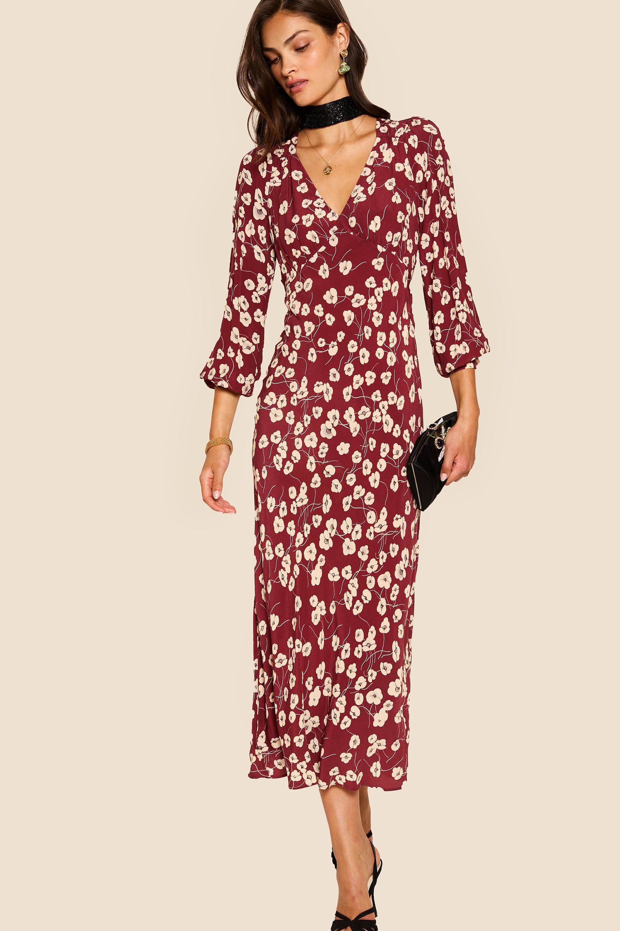 Mavis Midi Dress in Burgundy Autumn Cherry Maroon | RIXO USA ⋆