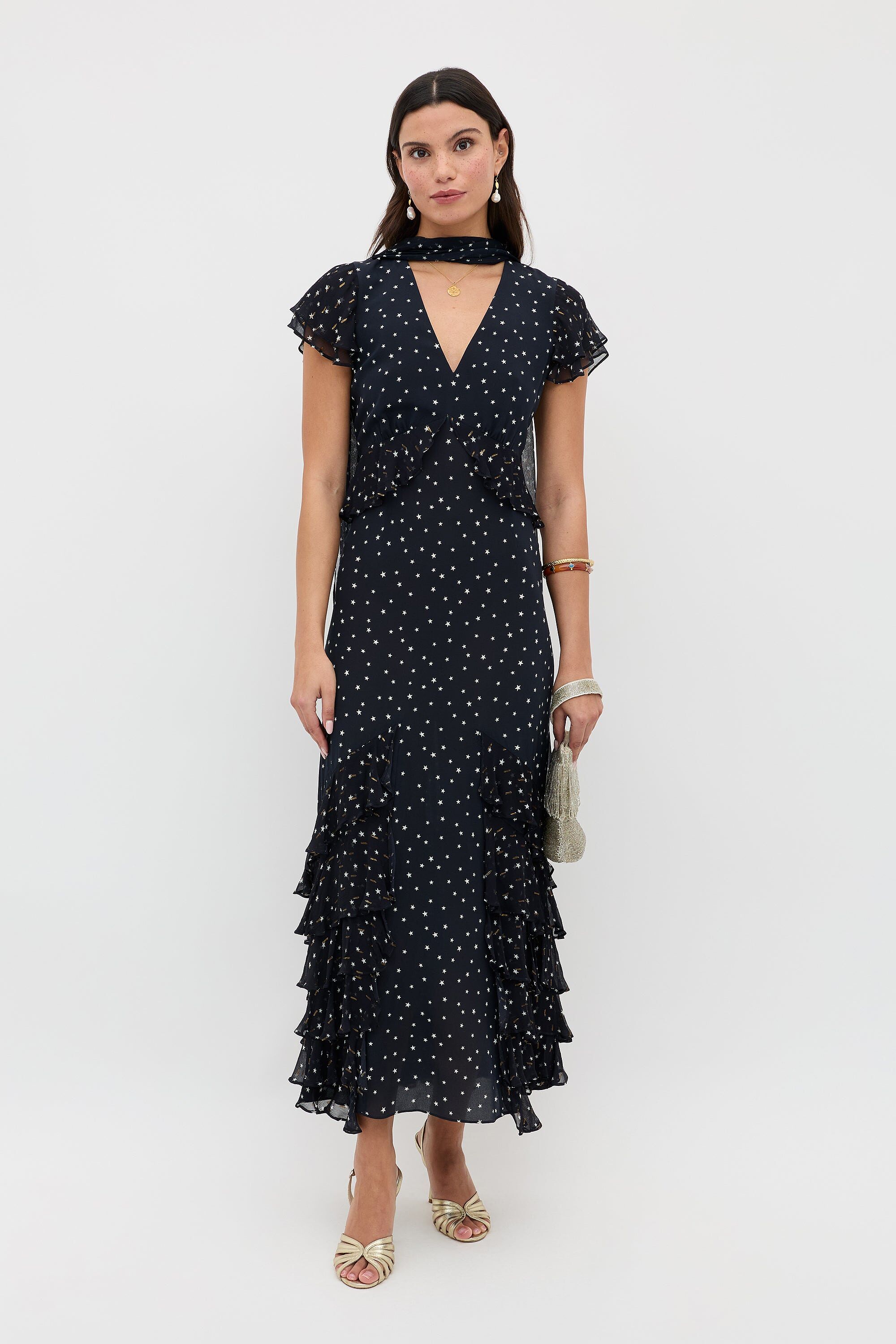 Thanvi Silk Midi Dress in Starry Night Navy