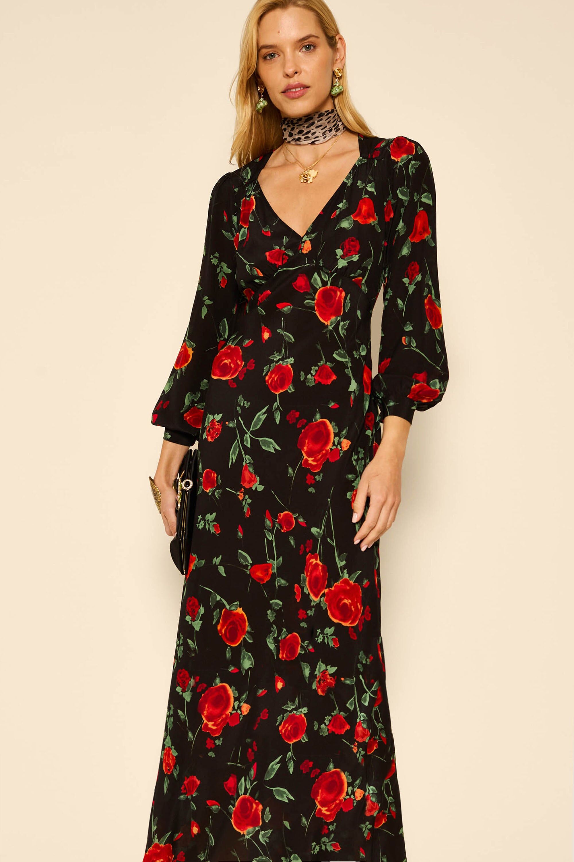 Mavis Silk Midi Dress in Claudia Rose Black