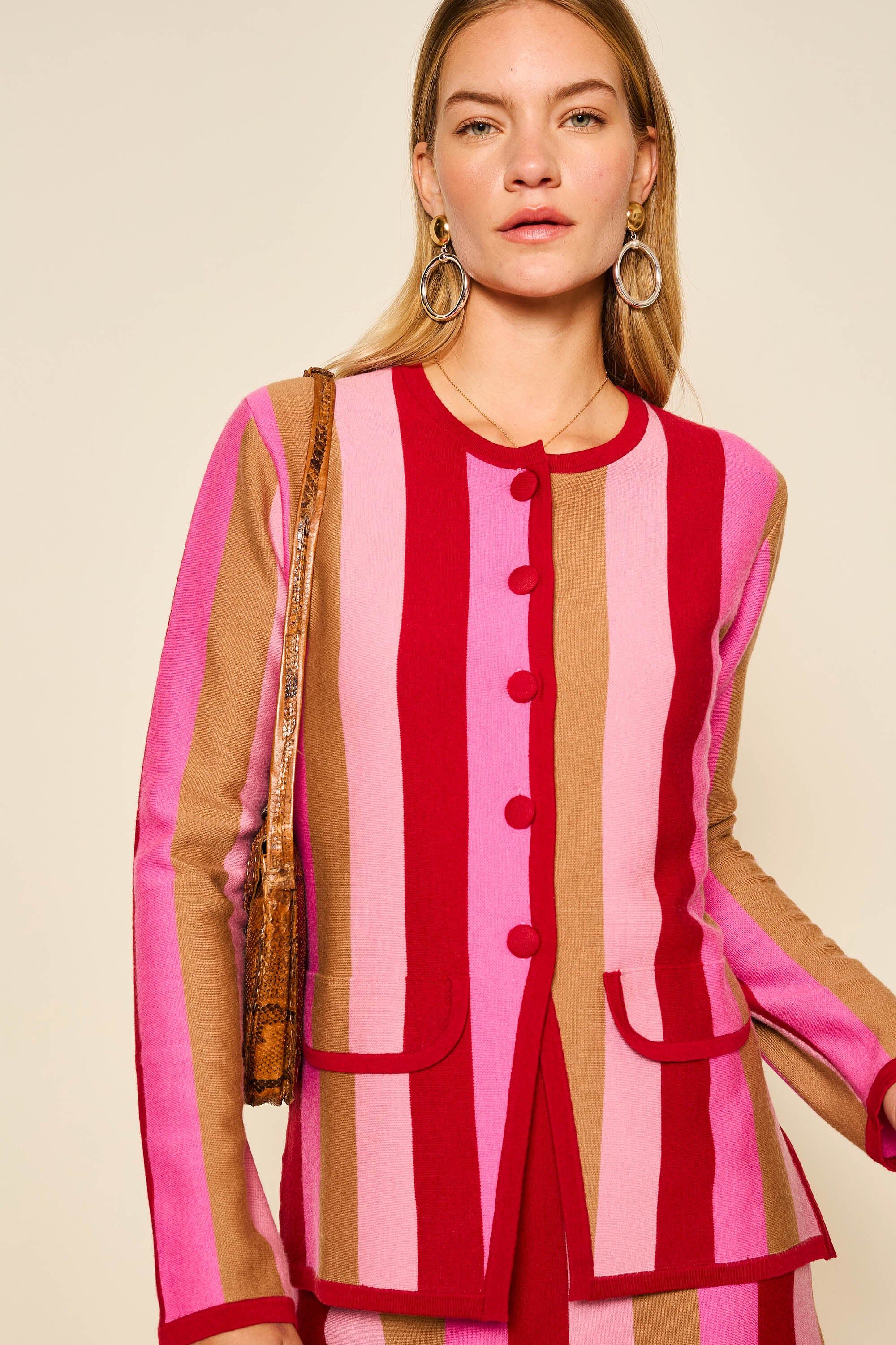 Mirja Merino Wool Cardigan in Victoria Stripe Jacquard Pink | RIXO