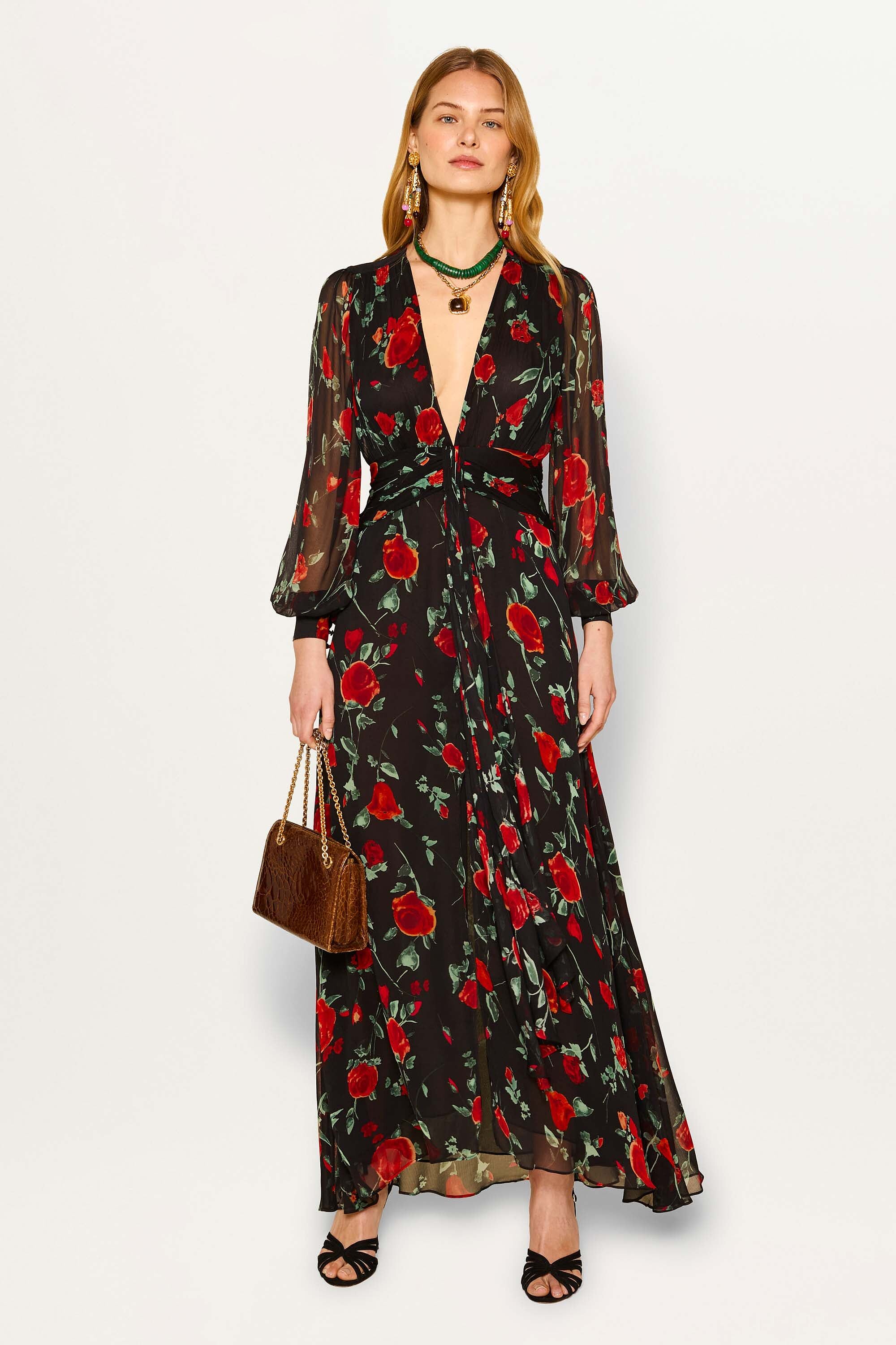 Meera Chiffon Gown in Claudia Rose Black | RIXO USA ⋆