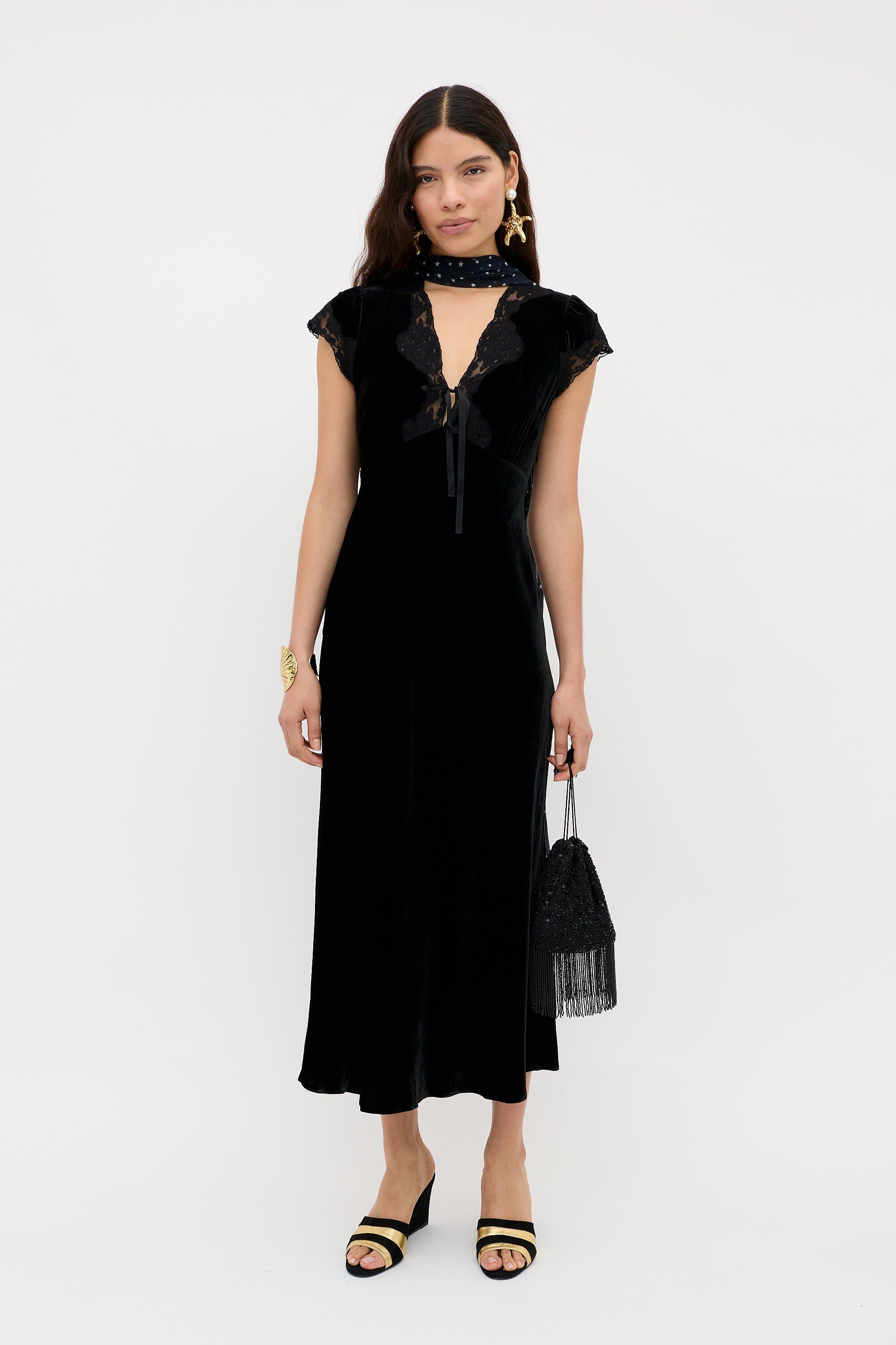 Amari Silk-Velvet Midi Dress in Black