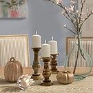 Product image for Taki Pillar Shaped Wooden Candle Holder, Set of 3, Brown By Casagear Home
