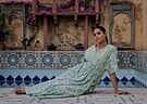 Product image for Tilly Stripe Champaca Maxi Kaftan Dress in Lagoon and Citrine