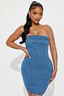 uo angelique fit-and-flare strapless denim mini dress UO Angelique Fit-And-Flare Strapless Denim Mini Dress