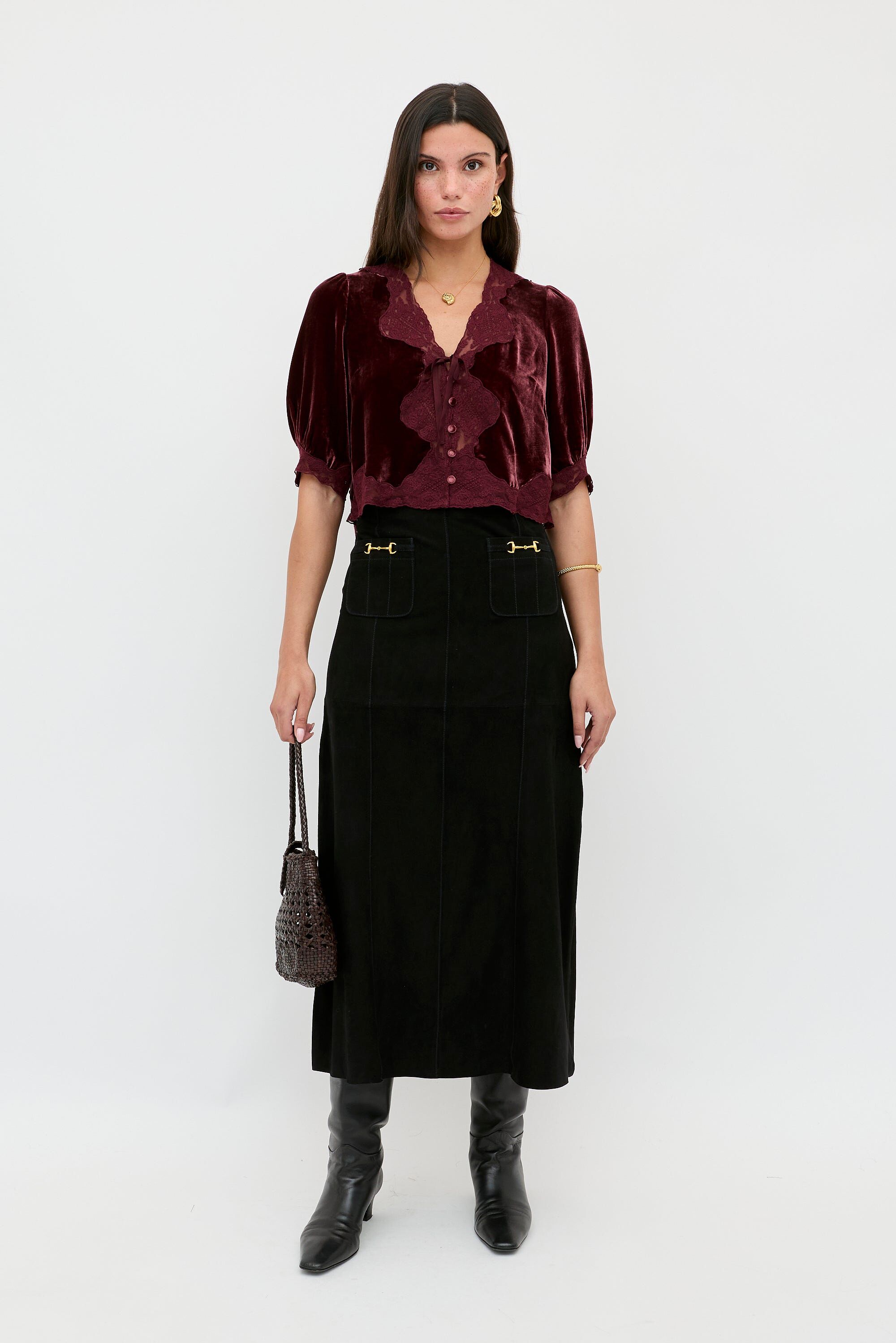 Edwina Suede Midi Skirt in Black | RIXO USA ⋆