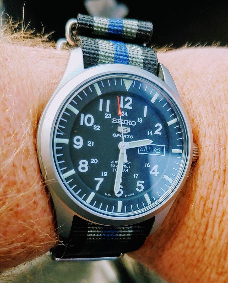 seiko 5 sport automatic black canvas men's watch