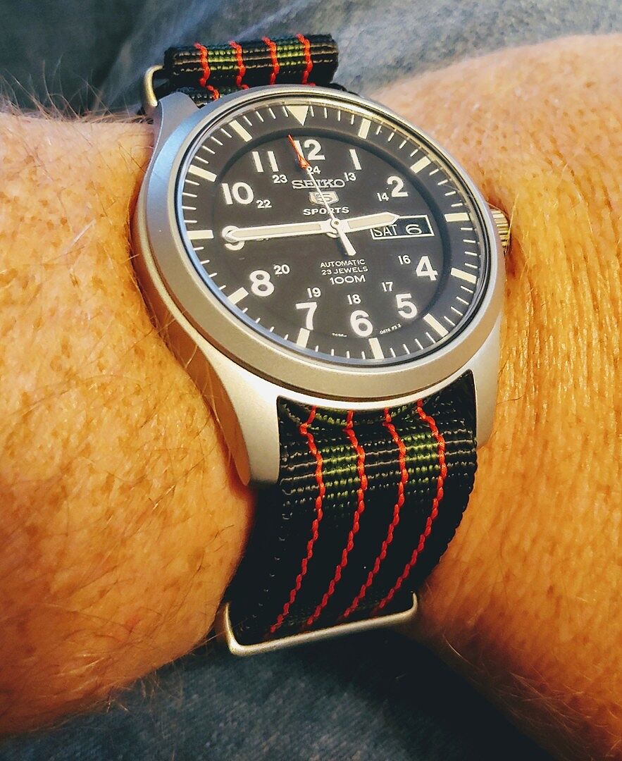 seiko 5 sport automatic black canvas men's watch