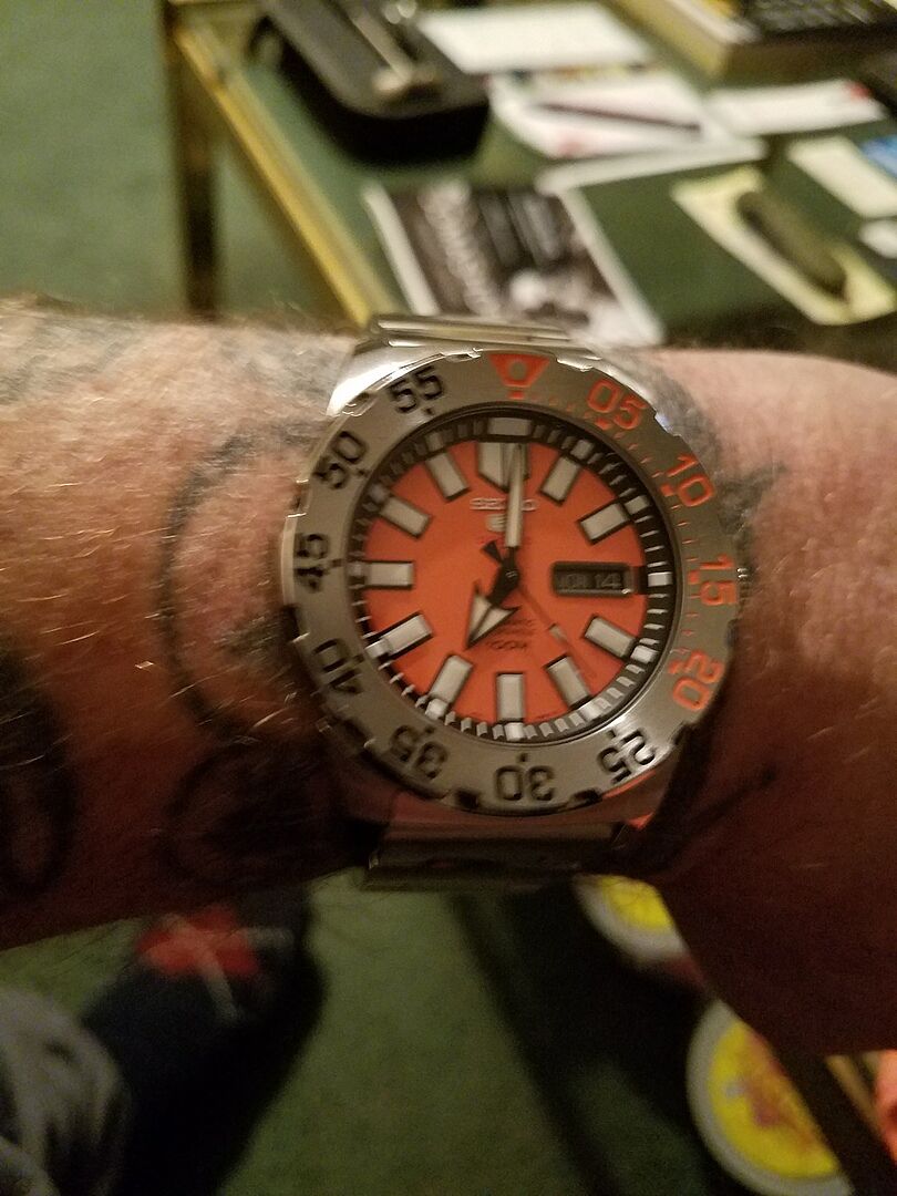 seiko baby monster automatic orange dial stainless steel men's watch srp483