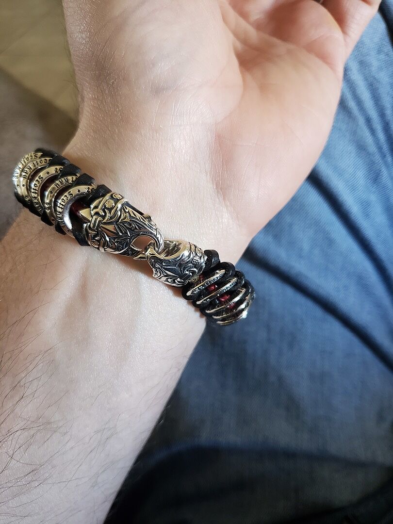 UNKAGED LINK Scott Kay Red and Black Leather Silver Mens Bracelet