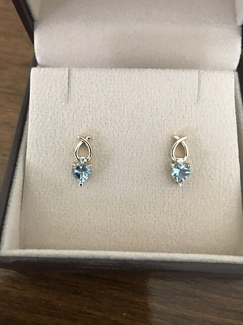 Birthday Present - Heart Shaped Aquamarine ribbon Earrings with Diamond Gold