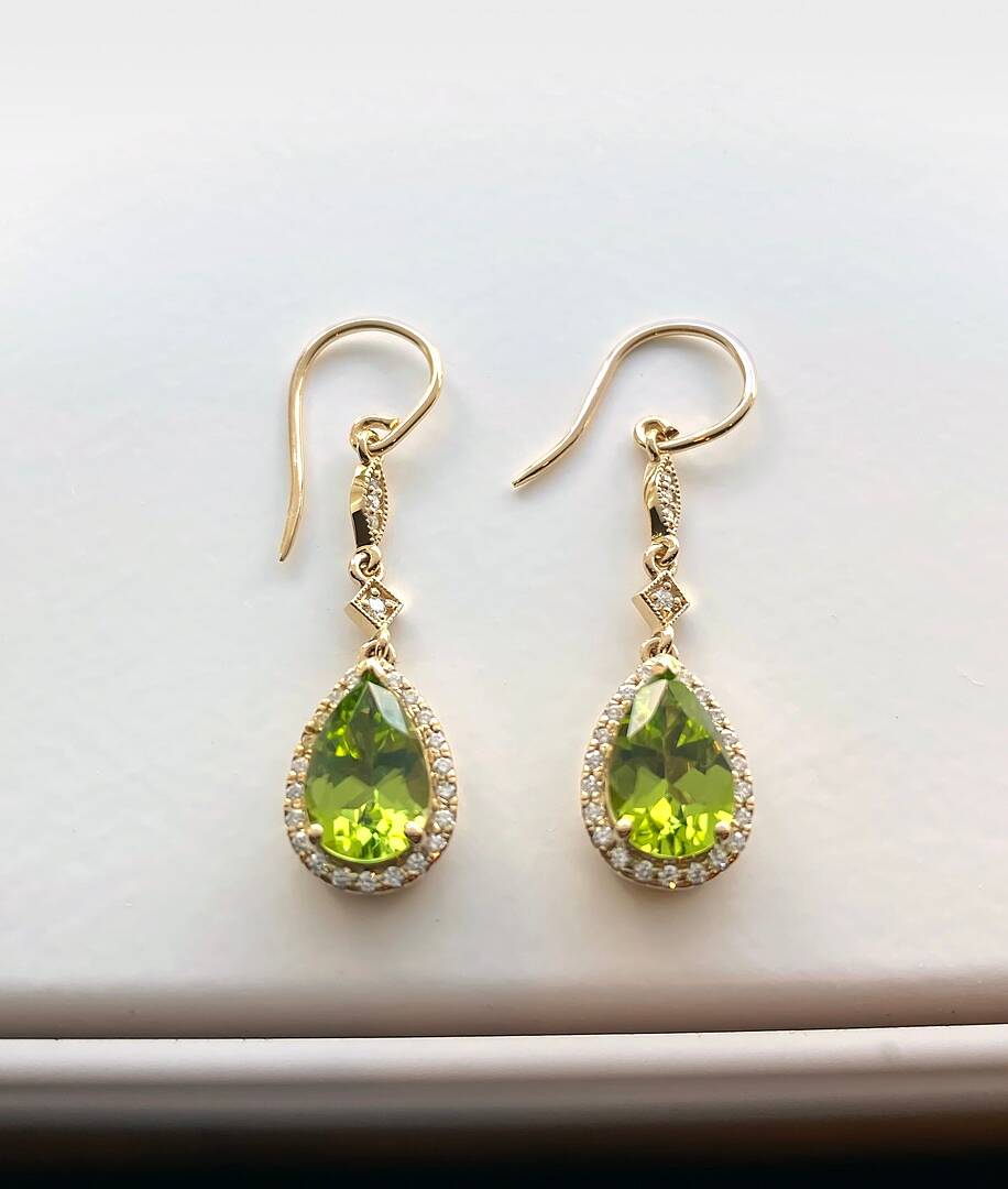 Store 5x7 mm Pear Peridot Drop Shape Halo Dangle Earrings in 925 Sterling Silver | Gems Barn