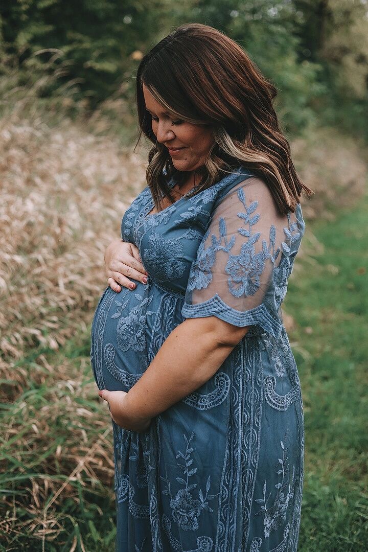 PinkBlush Blue Lace Mesh Overlay Plus Maternity Maxi Dress
