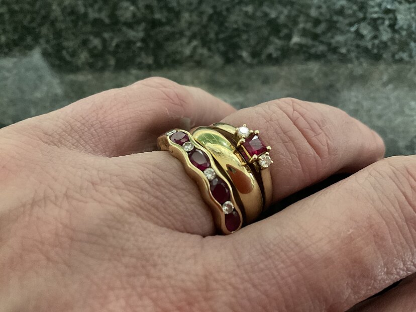 Classic Square Ruby and Diamond Three Stone Ring