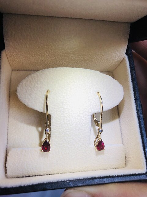 Pear-Shaped Ruby Leverback Drop Earrings with Diamond