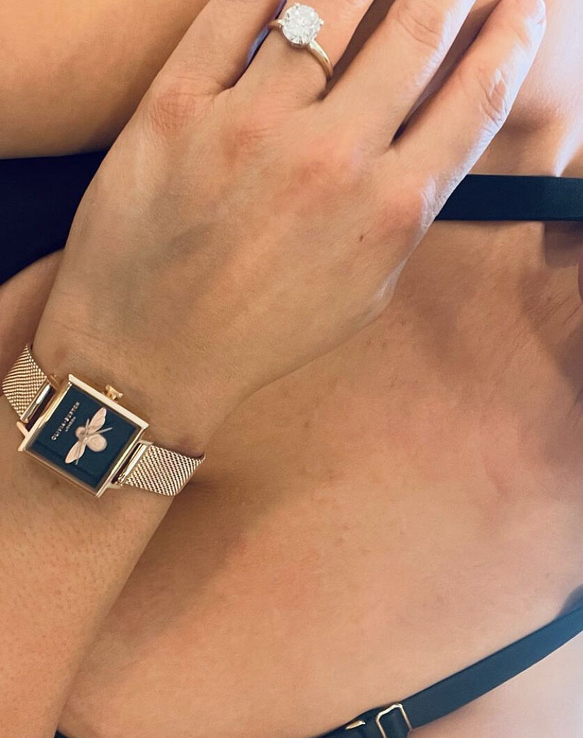 Square Dial 3D Bee Midnight & Rose Gold Mesh Watch | Olivia Burton